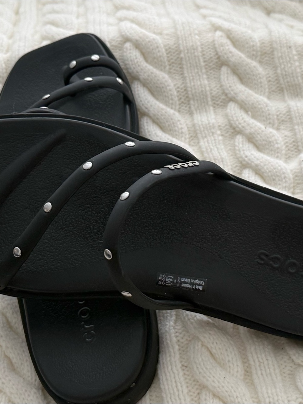 CROCS Women's Black Studded Triple-Strap Slide Sandals